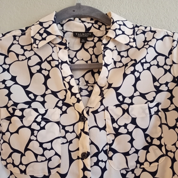 Talbots Nantucket Preppy Navy and White Hearts Valentines Day Button Up Blouse S - Picture 3 of 5